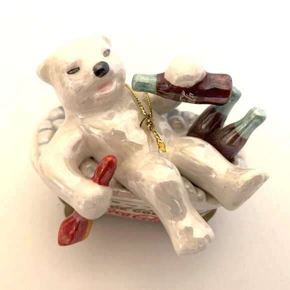 4 Coca-Cola Pearlescent Porcelain Xmas Ornaments 3 Santa 1 Polar Bear Vintage - Picture 14 of 15